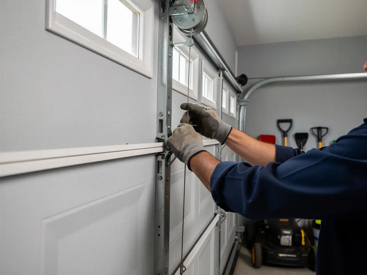 A technician in gloves is working on the cables of a white garage door.