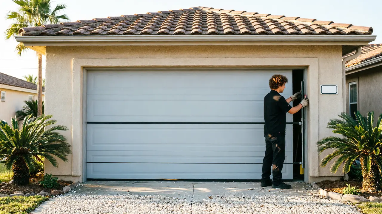 A technician in gloves works on the side of a closed white garage door.