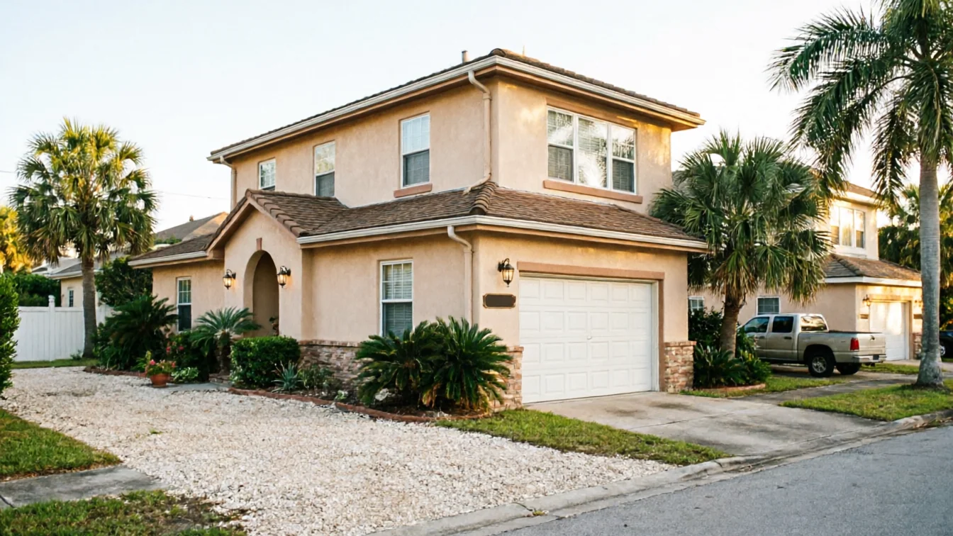 A two-story house with a white garage door, a gravel driveway, and palm trees.