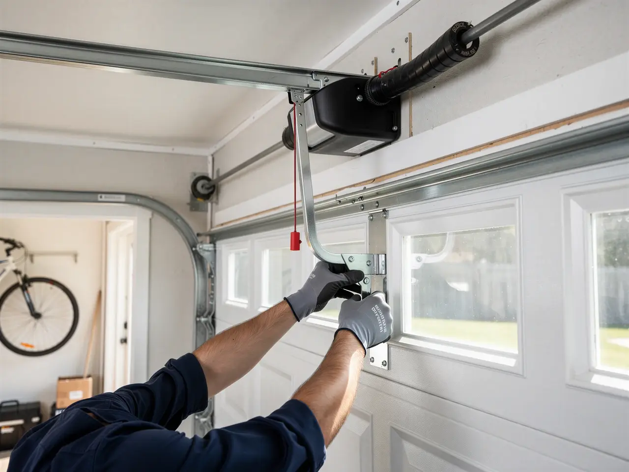 A technician's gloved hands are adjusting a garage door hinge and roller.